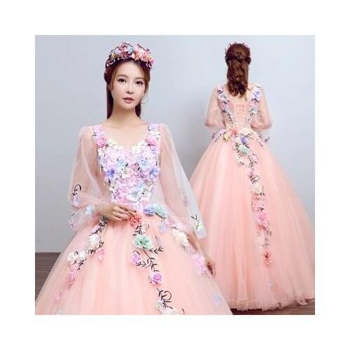 100%real light pale pink/4 color fairy long sleeve cosplay ball gown royal princess Medieval Renaissance Victorian dress Belle