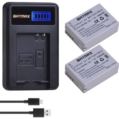 2Pcs 1300mAh NB-10L NB10L NB 10L Camera Battery + LCD USB Charger for Canon G1X G15 G16 SX40HS SX50HS SX60HS SX40 SX50 SX60 HS