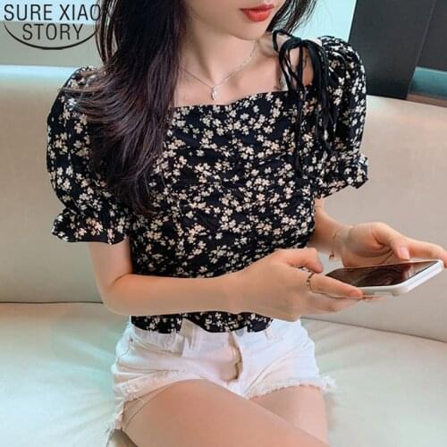 Womens Blosue Square Collar Chiffon Shirt 2021 Summer women Shirt New French Style Floral Blouse Puff Sleeve Top Female 14416