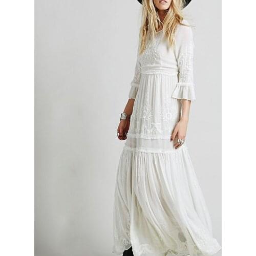 Bohemian Dress Women Seven Sleeve Embroidery Boho Dress Round Neck Sexy Long Dress Cotton Loose Beach Dress Female Robe