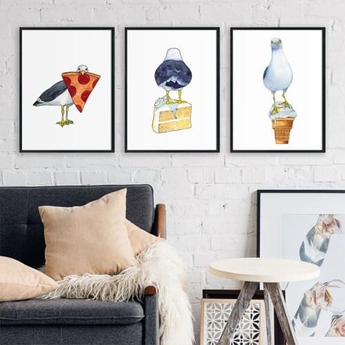 Seagull With Pizza Cake Ice Cream Watercolor Fun Kitchen Wall Art Print and Poster Canvas Painting Pictures Modern Home Decor