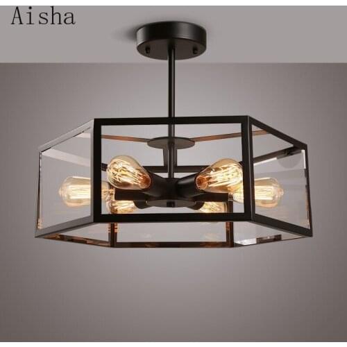 Attic Retro Wrought Iron Glass Box Pendant Light Creative Restaurant Bar Cafe Bedroom Industrial Wind Lamp Restaurant Furniture