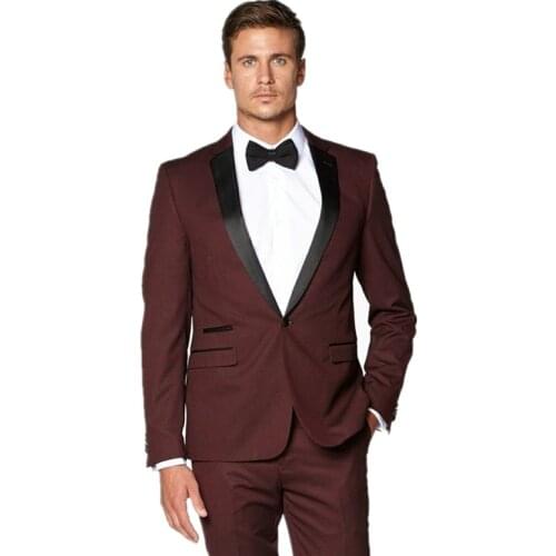 Men suits Groomsmen Notch Black Lapel Groom Tuxedos Burgundy Wine Men Suits Wedding Suits costume homme luxe terno masculino