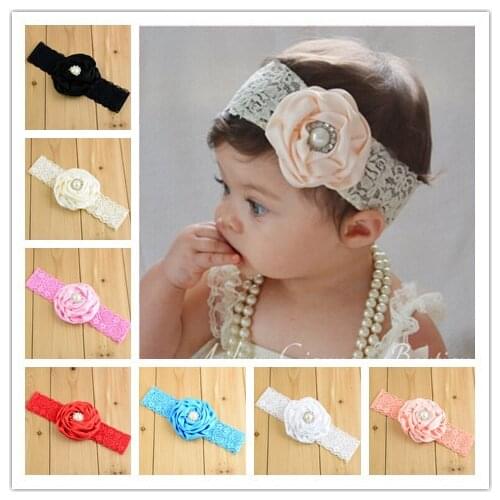 Girls Elastic Lace Hair Band with 3"Satin Flower Kids Flower Decorations For Hair Free Shipping 10pcs/lot FDA75