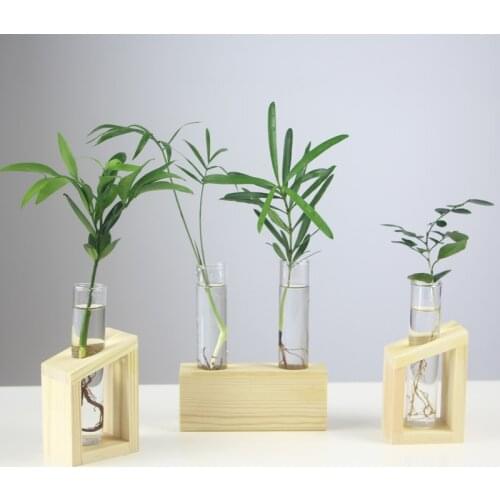 Hot Sale Crystal Glass Test Tube Vase in Wooden Stand Flower Pots for Hydroponic Plants Home Garden Decoration