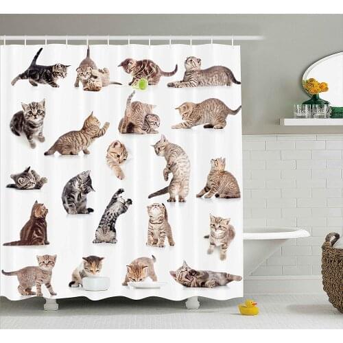Cat Shower Curtain Illustration of Funny Playful Cats on White Background Animals Kitten Pattern Cloth Fabric Set with