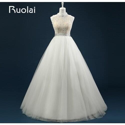 Real Lace Top Tulle Wedding Gown New High Neck A-Line Beaded Lace Bridal Gown Robe de Mariage Wedding Party Dresses ASAFN35