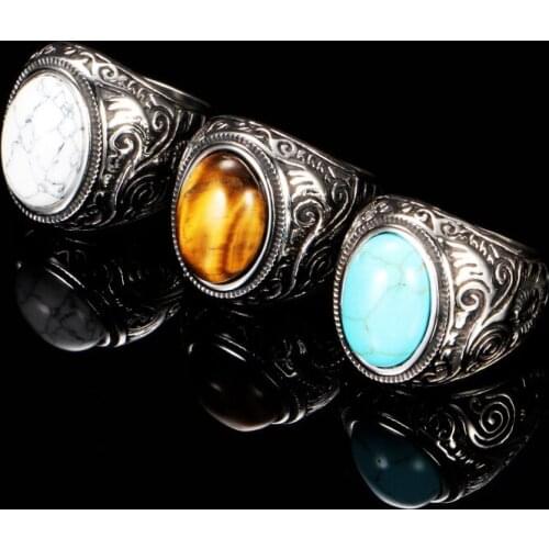 MOFLO Female Classic Stainless Steel Ring Vintage Inlaid Stone Titanium Steel Ring Mens Punk Street Jewelry