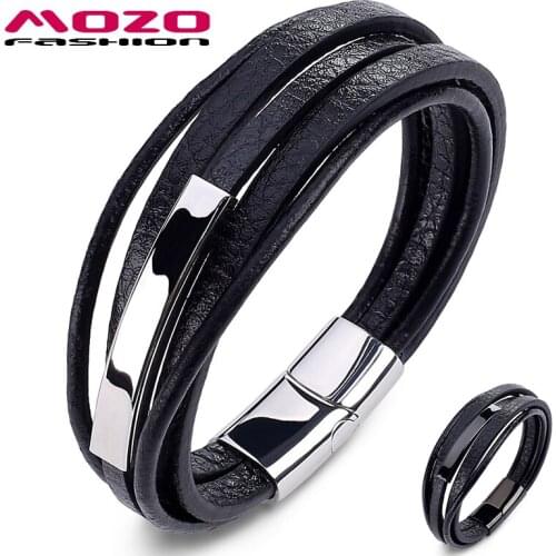 MOZO Fashion Bangle Men Charm Simple Classic Bracelets Multilayer Leather Stainless Steel mens Gift