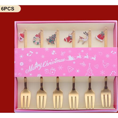 6Pcs Christmas 2021 Metal Coffee Fork Stirring Scoops Christmas Gift Box Set New Year 2022 Xmas Tableware Ornaments Navidad Noel