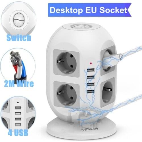 TESSAN Desktop Multi Outlets Plug Extension Socket European Power Strip with Switch USB Ports and 1.5M/2M Wire EU Power Adaptors