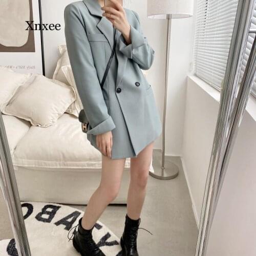 Autumn Solid Color Elegant Blue Blazer Women Jacket Womens Korean Style Loose V-Neck Long Sleeve Cardigan