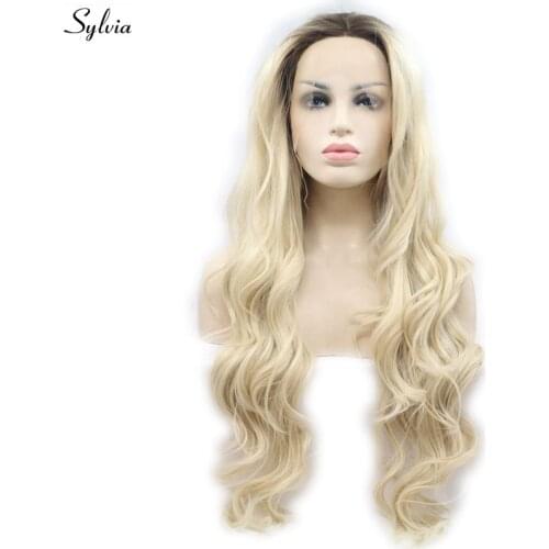 Sylvia Blonde Synthetic Lace Front Wigs Ombre Brown Roots Two Tones Colors Heat Resistant Fiber Natural Wavy Hair Wig