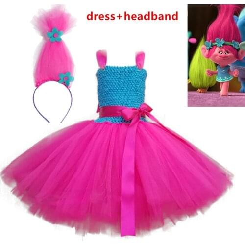 Girls Tutu Dress Trolls Inspired Baby Costume Kids Trolls Poppy Cosplay Christmas halloween Birthday Party costume+wig Vestido