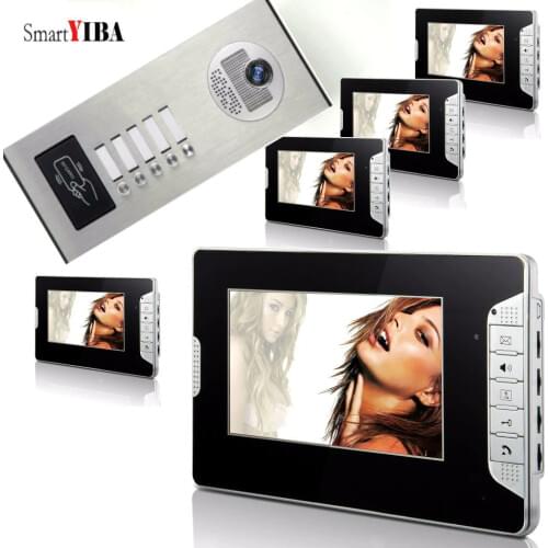 SmartYIBA 5 Apartment Video Intercom 7 Inch Monitor Video Door Phone Doorbell Kit Night Vision RFID Access Doorbell IR Camera