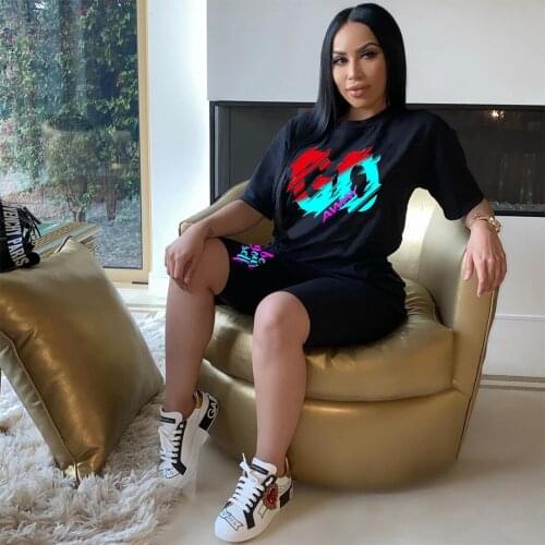Plus Size Casual Tracksuit 2 Pieces Shorts Sets Short Sleeve O Neck Top and Biker Shorts Fashion Printed Summer Outfits S-4XL