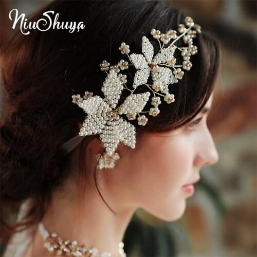 NiuShuya Rhinestone Pearl Handmade Brides Hairband European American Trendy Wedding Hair Accessories Beaded Headband Accessory