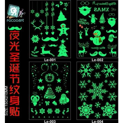 Rocooart Le Merry Christmas Luminous Taty Large Waterproof Temporary Tatoo Sticker Snow Man Fake Tattoo Tatuagem For Body Art