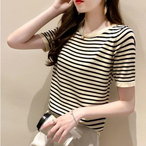 Print Striped Knitted T-shirt 2021 Women Short Sleeve Loose Good Quality Casual T Shirt Lady Streetwear Ulzzang Tops Tee Clothe