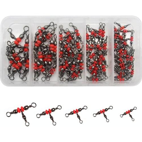 80Pcs Three Way 3 Way Cross-Line Barrel Fishing Swivels Red Brass Rolling Triple Swivel Fishing Tackle Line Connector With Box