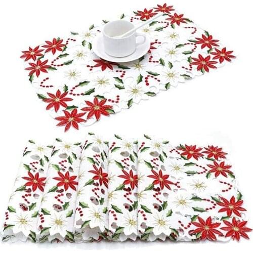 Embroidered Christmas Placemats, Red Poinsettia Placemats with Holly for Christmas Holiday Decorations, 11X17 In,6 Pcs