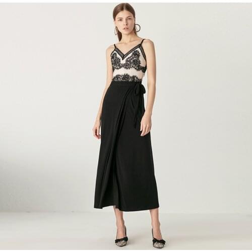 YIGELILA New Fashion Black Suits Spaghetti Strap Sleeveless With Lace Elegant Suits V-neck Vintage Mid-calf Suits 8297