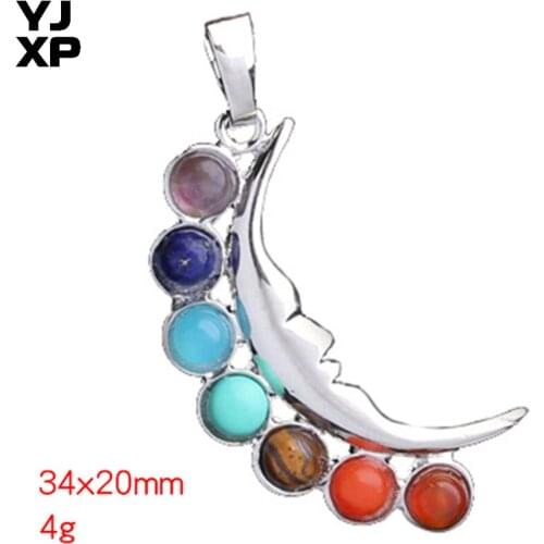 YJXP Silver Plated Crescent Moon Shaped Energy Stone 7 Chakra Beads Reiki Healing Amulet Pendant Charms Jewelry for Gift
