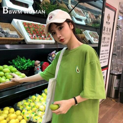 2019 Summer Green Color Embroidery Fruit Women T Shirt Casual Bf Style Female Tee Shirts