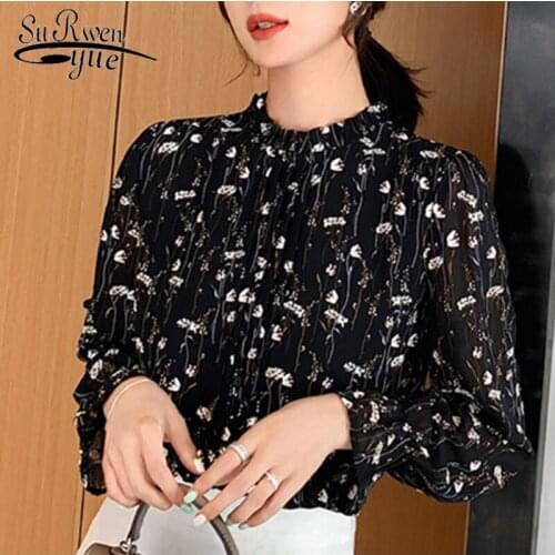 Korean Fashion Clothing Print Long Sleeve Chiffon Blouse Women Tops and Blouse Stand Collar New Arrival Blouse Women 6755 50