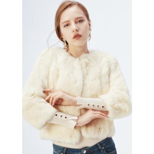 Genuine Full Pelt Fur Jacket Womens Design Rabbit Fur Coat Natural Wholeskin Fur Coat O-Neck Fashion Slim Thin Rabbit Fur Coat