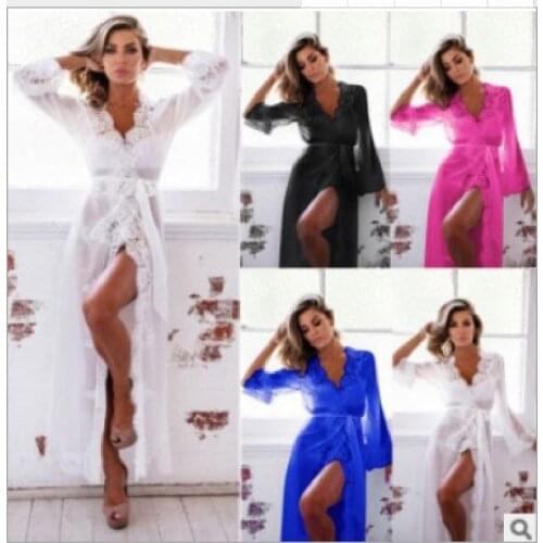 Women Long Robe Popular Sexy Underwear 4 Colors Mesh Pajamas Bathrobe Belt White Lace Kimono