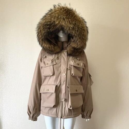 2021 Natural Raccoon Fox Fur Hooded Winter Down Coat Women 90% White Duck Down Jacket Puffer Female Feather Parkas Pocket Khaki