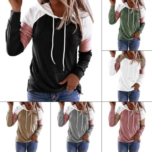 2020 New Hot style Womens long-sleeved hooded sweater contrast color stitching T-shirt women