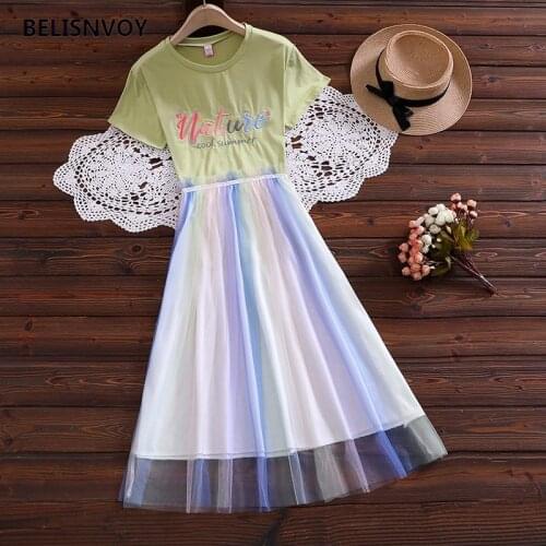 2021 Japanese Summer Women Rainbow Mesh Tulle Dress Embroidery Cotton Two Piece Suit Dress Short Sleeve Elegant Girls Dress