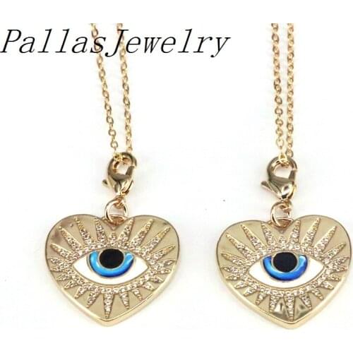 5Pcs CZ Micro Pave Enamel Eye On Heart Shape Pendant Charms,Gold Plating Cubic Zirconia Necklace Charm