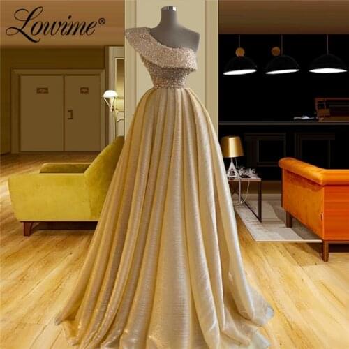 Champagne Beads Prom Dresses Long One Shoulder Dubai Design Arabic Party Dress 2021 Plus Size Formal Evening Gowns Vestidos