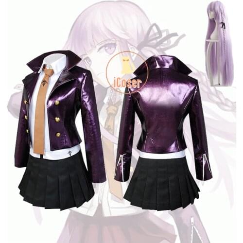 Danganronpa Kyoko Kirigiri Cosplay Costume Purple Jacket Women Suit Dangan Ronpa Black Dress Skirt Set Long Purple Wig Gloves