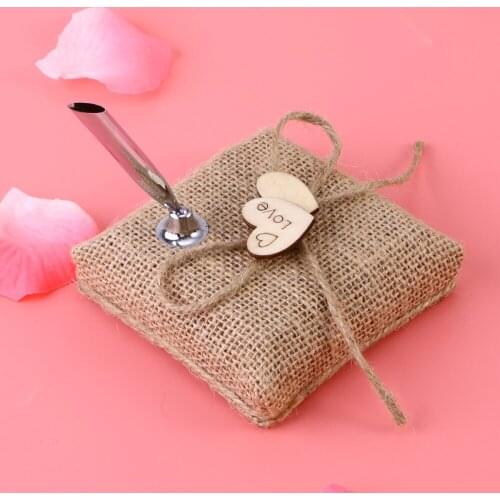 Burlap Pen Holder and Silver Pen Set for Rustic Wedding Signature Gift Package