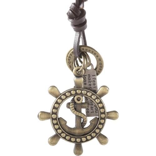 Jessingshow Vintage Punk Mens Cowhide Rope Necklace Male Pendant Necklace Alloy Rudder Pendant Women Jewelry Accessories