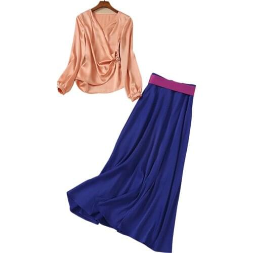 Spring Summer Clothes New Arrivals 2Pcs Set V-Neck Long Sleeved Blouses Top + High Waist Ankle Length Long Maxi Skirt