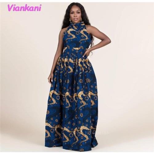 Fashion Sleeveless Boho African Dresses Women Print Long Robe Halter Ladies Ankara 2021 Africaine Plus Size Clothing Vestidos