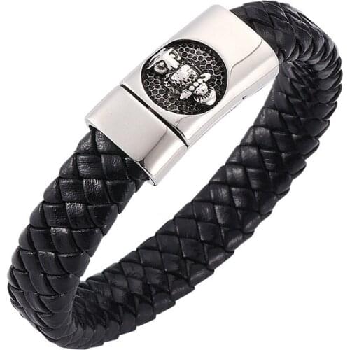 Fashion Jewelry Owl Pattern Stainless Steel Magnetic Buckle Men Black Braided Leather Bracelet Gifts