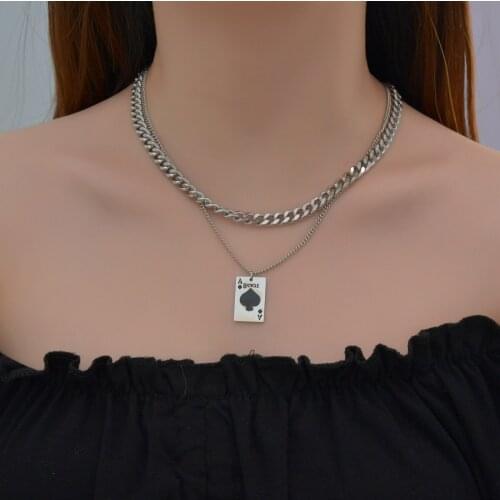 Hio Hop Stainless Steel Playing Cards Double Spades Necklace Sliver Color Never Fade Pendant Woman Girl Couples Birthday Gift