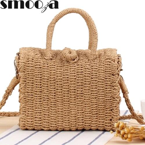 SMOOZA Summer Straw Beach Bag Handmade Cube Women Shoulder Bags Raffia Square Rattan Bags Bohemian Casual Woven Basket Handbags
