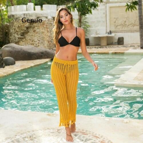 See Through Cover Ups 2021 High Waist Swimwear Women Pants Hollow Out Swimsuit Cover Ups Female Summer Long Beach Wear Trousers