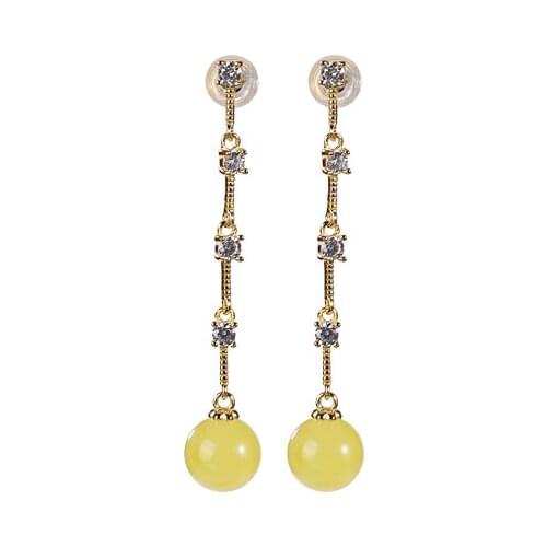 S925 sterling silver natural amber beeswax stud earrings personalized and temperamental long style earring pendant for ladies