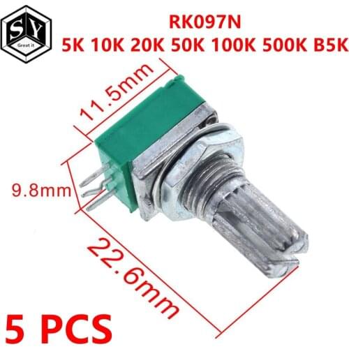5pcs RK097N 5K 10K 20K 50K 100K 500K B5K with a switch audio 3pin shaft 15mm amplifier sealing potentiometer