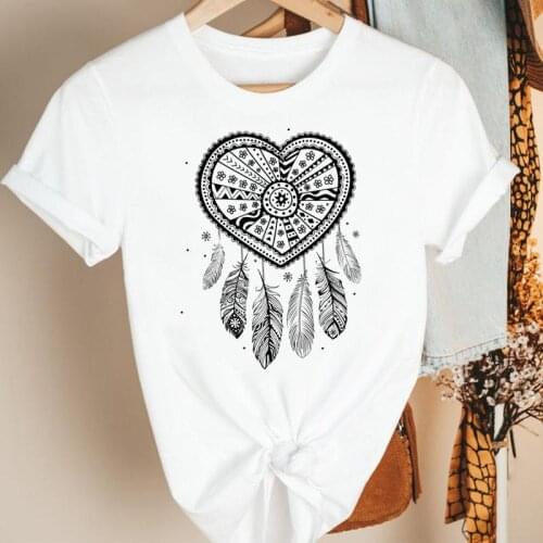 Women Clothes Love Heart Web New Dream Feather Cartoon Summer Short Sleeve Print Fashion Tshirt Female Tee Top Graphic T-shirt
