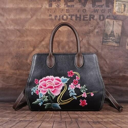 Chinese Embroidery New Head Layer Cowhide Leisure Womens Bags Large Capacity Cowhide Leisure Personality Chic Shoulder Bags