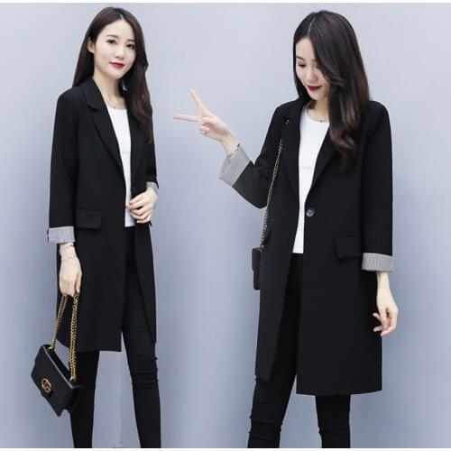 New Spring Autumn Blazer Jacket Medium Length Slim Korean Casual Loose Black Suit Female